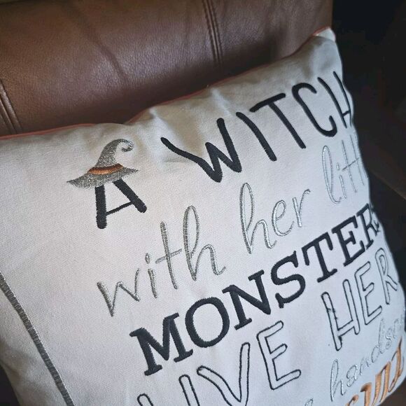 Halloween Fall Witch's Broom Family Statement Embroidered‎ Feather Filled Pillow - Picture 3 of 10